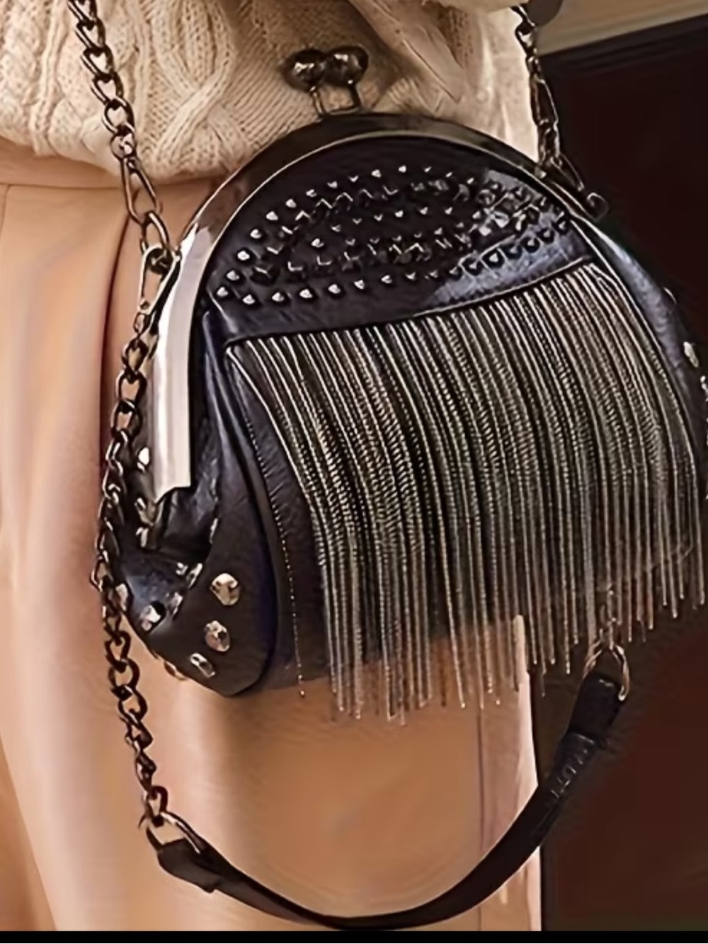 Black Fringe Chain Crossbody Bag by